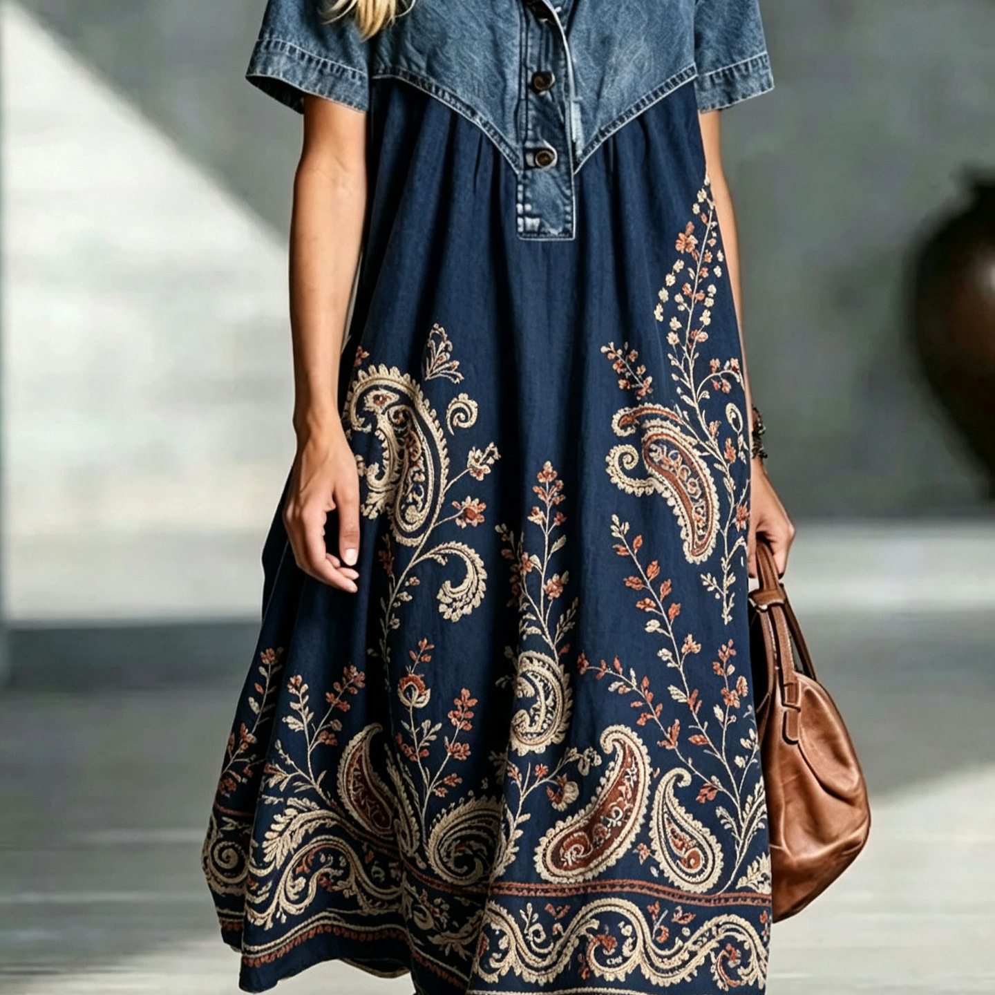 QUEENWAY | Denim Patchwork Loose-Fitting Retro Print Dress