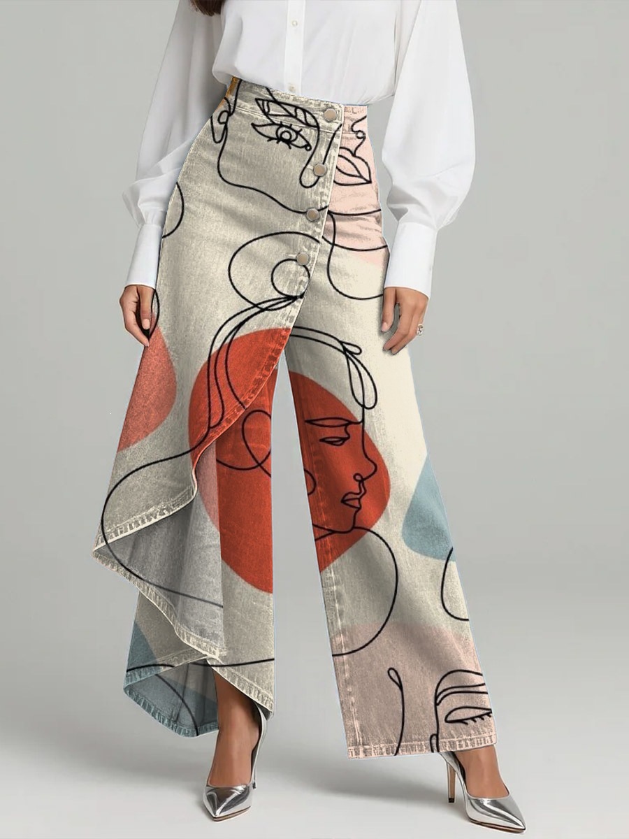 QUEENWAY | Women's Vintage Flower Patterns Print High-waisted Relaxed Fit Wide-leg Jeans With A Stylish Design
