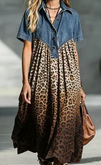 QUEENWAY | Denim Patchwork Loose-Fitting Retro Print Dress