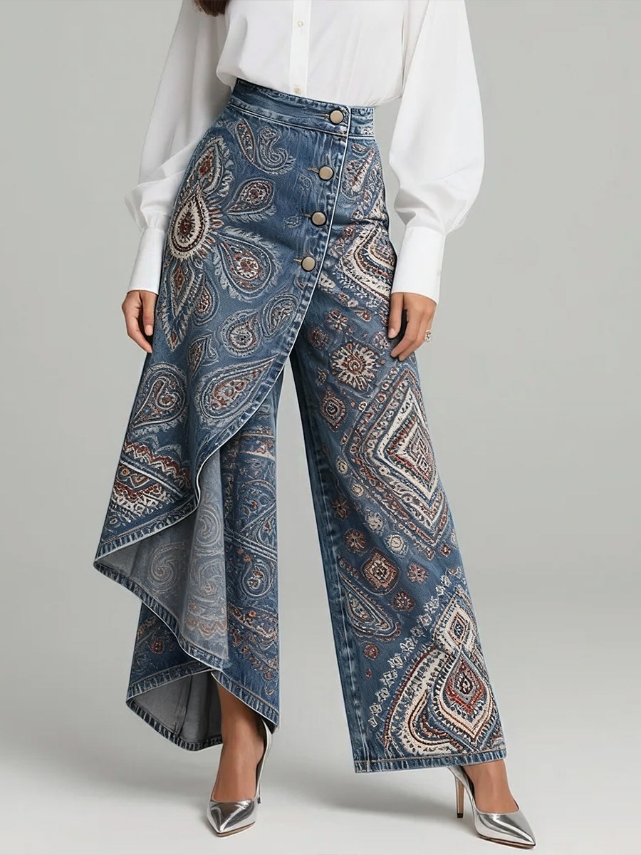 QUEENWAY | Women's Vintage Flower Patterns Print High-waisted Relaxed Fit Wide-leg Jeans With A Stylish Design