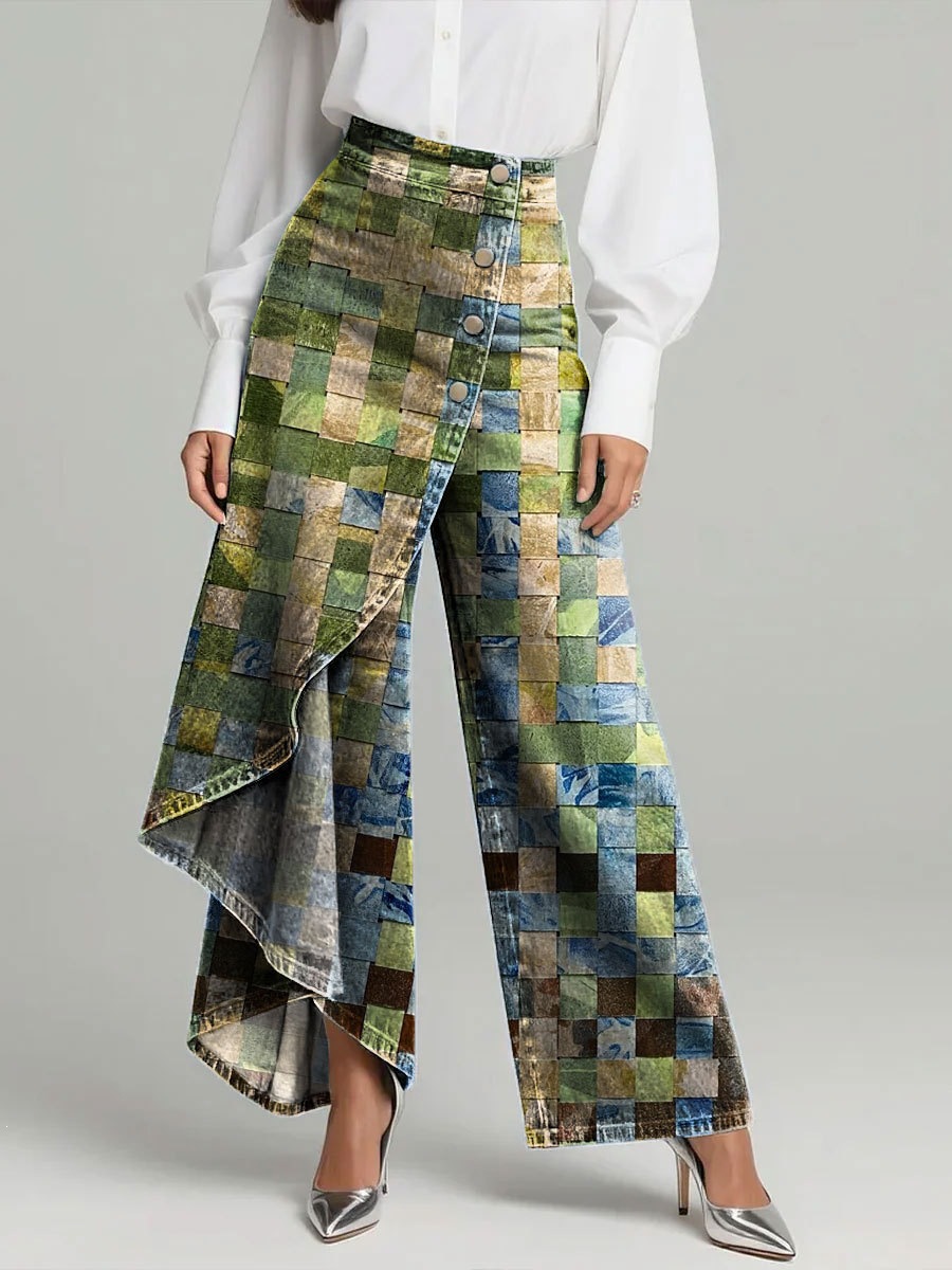 QUEENWAY | Women's Vintage Flower Patterns Print High-waisted Relaxed Fit Wide-leg Jeans With A Stylish Design