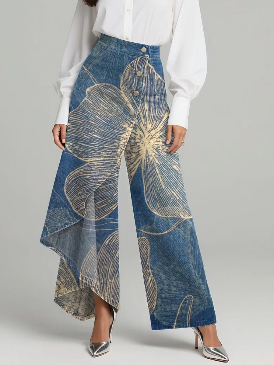 QUEENWAY | Women's Vintage Flower Patterns Print High-waisted Relaxed Fit Wide-leg Jeans With A Stylish Design
