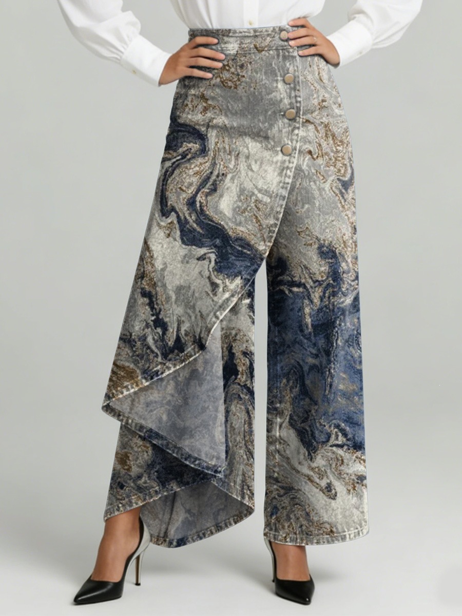 QUEENWAY | Women's Vintage Flower Patterns Print High-waisted Relaxed Fit Wide-leg Jeans With A Stylish Design