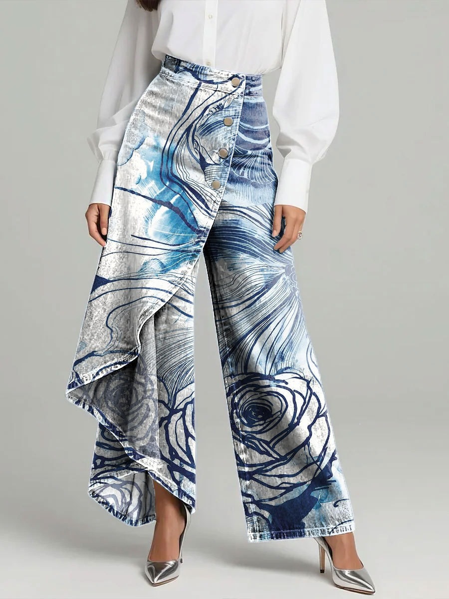 QUEENWAY | Women's Vintage Flower Patterns Print High-waisted Relaxed Fit Wide-leg Jeans With A Stylish Design