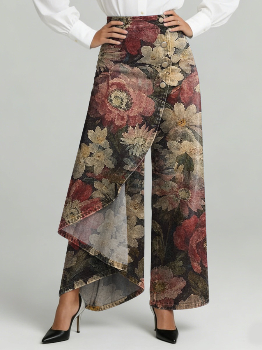 QUEENWAY | Women's Vintage Flower Patterns Print High-waisted Relaxed Fit Wide-leg Jeans With A Stylish Design