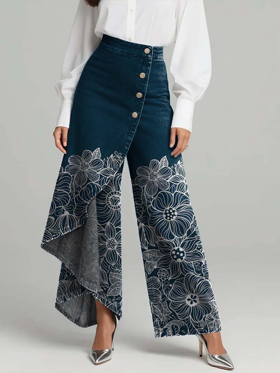 QUEENWAY | Women's Vintage Flower Patterns Print High-waisted Relaxed Fit Wide-leg Jeans With A Stylish Design