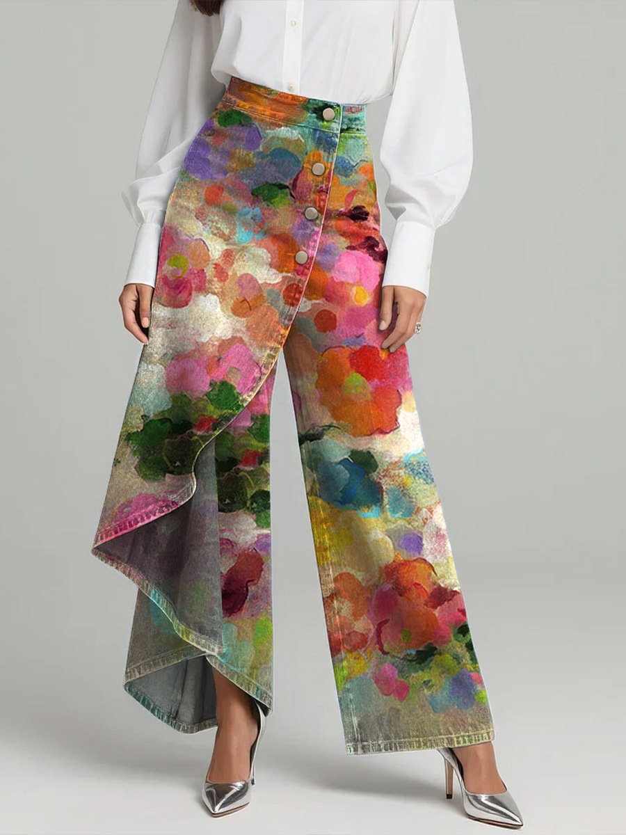 QUEENWAY | Women's Vintage Flower Patterns Print High-waisted Relaxed Fit Wide-leg Jeans With A Stylish Design