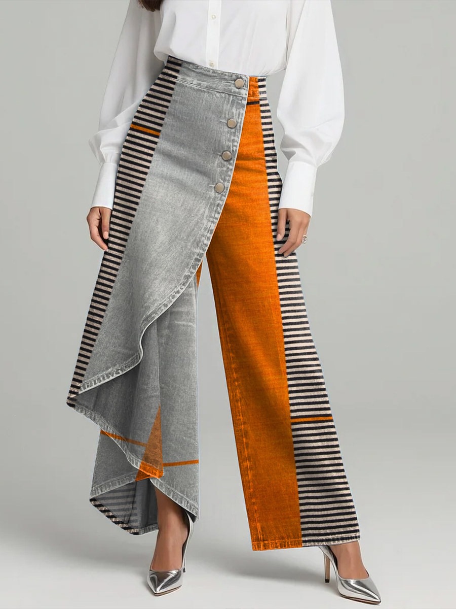 QUEENWAY | Women's Vintage Flower Patterns Print High-waisted Relaxed Fit Wide-leg Jeans With A Stylish Design