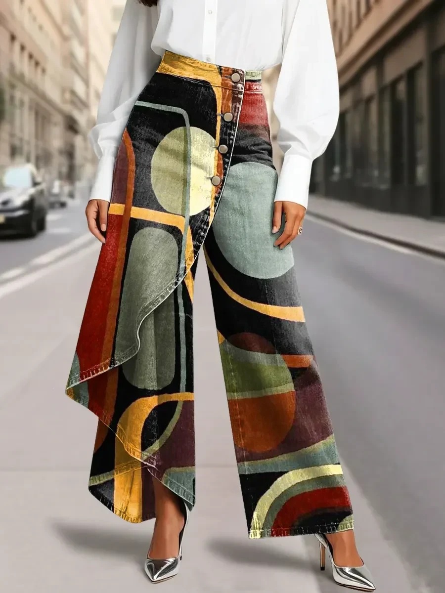QUEENWAY | Women's Vintage Flower Patterns Print High-waisted Relaxed Fit Wide-leg Jeans With A Stylish Design