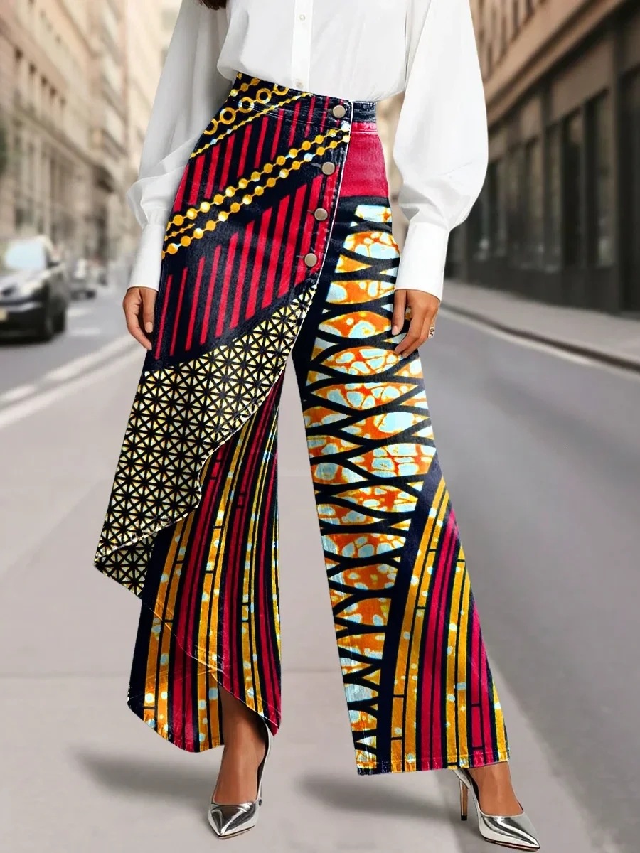 QUEENWAY | Women's Vintage Flower Patterns Print High-waisted Relaxed Fit Wide-leg Jeans With A Stylish Design