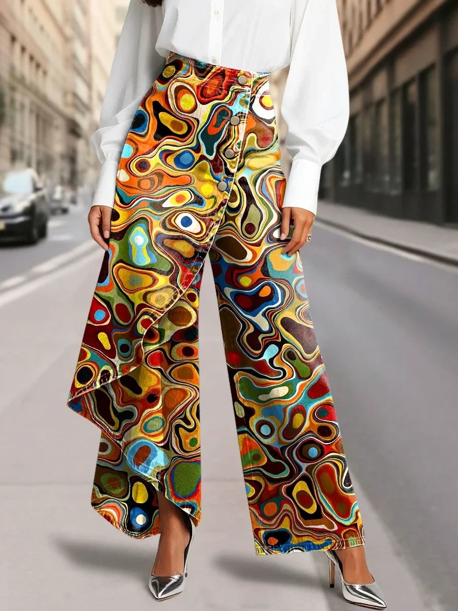 QUEENWAY | Women's Vintage Flower Patterns Print High-waisted Relaxed Fit Wide-leg Jeans With A Stylish Design