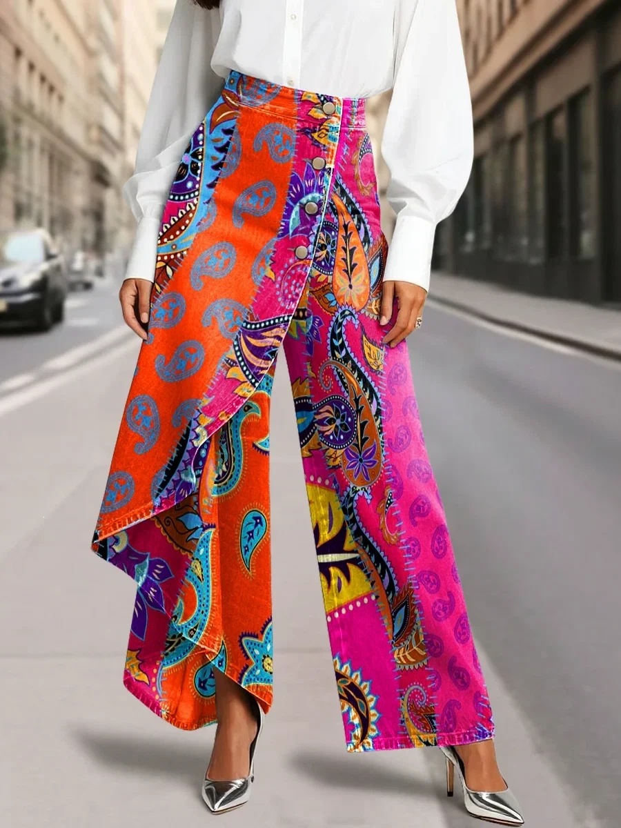 QUEENWAY | Women's Vintage Flower Patterns Print High-waisted Relaxed Fit Wide-leg Jeans With A Stylish Design
