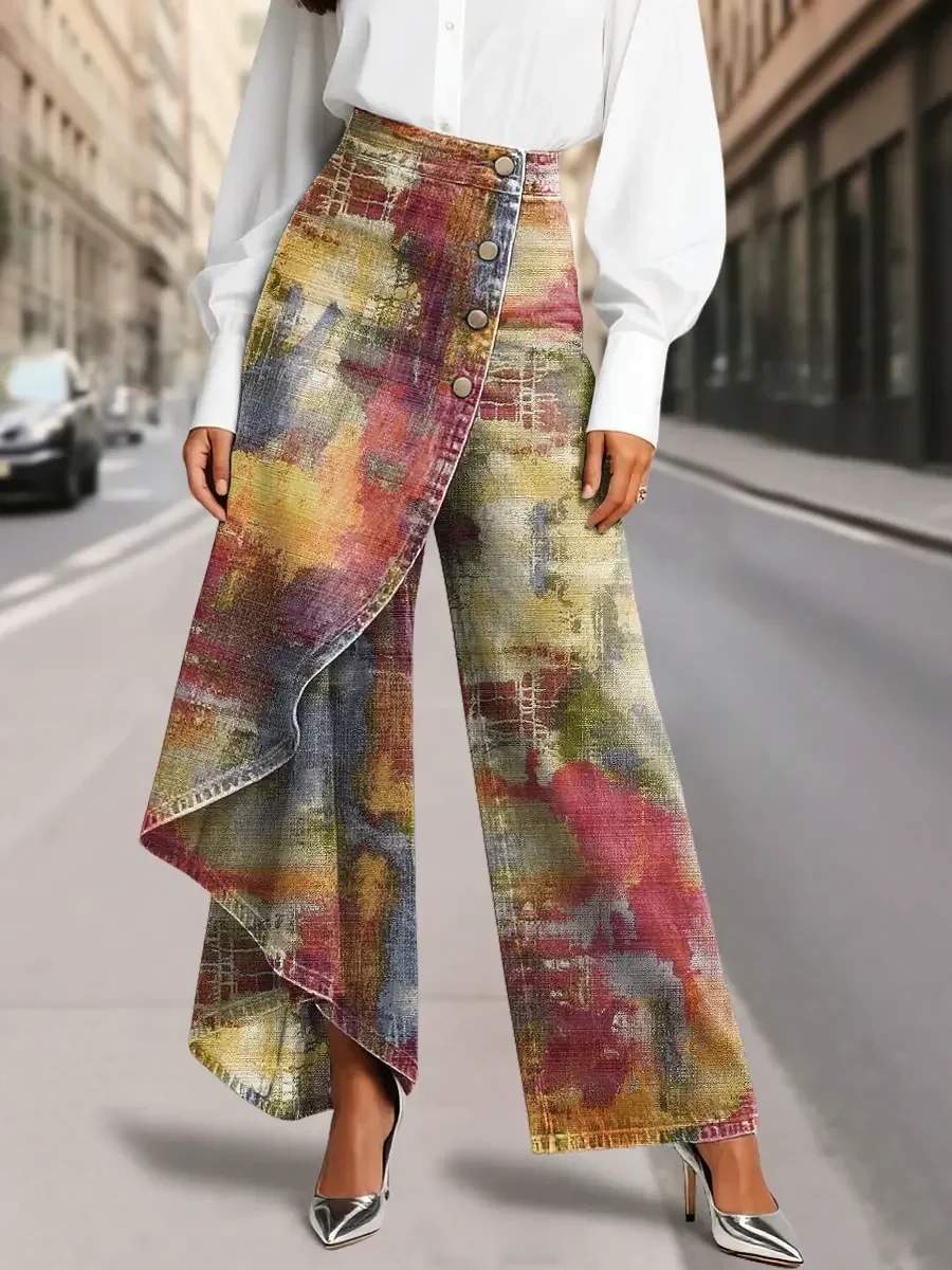 QUEENWAY | Women's Vintage Flower Patterns Print High-waisted Relaxed Fit Wide-leg Jeans With A Stylish Design