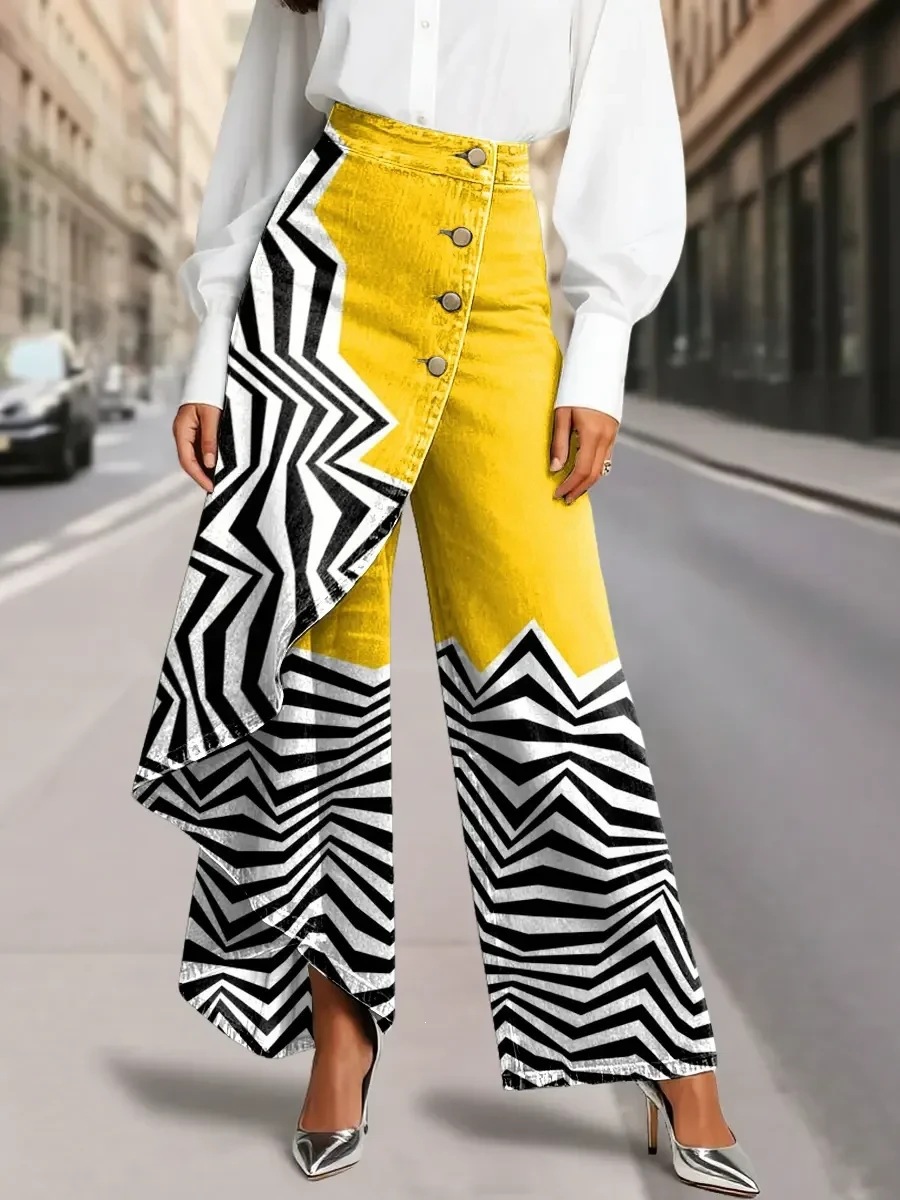 QUEENWAY | Women's Vintage Flower Patterns Print High-waisted Relaxed Fit Wide-leg Jeans With A Stylish Design