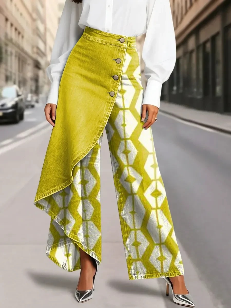 QUEENWAY | Women's Vintage Flower Patterns Print High-waisted Relaxed Fit Wide-leg Jeans With A Stylish Design