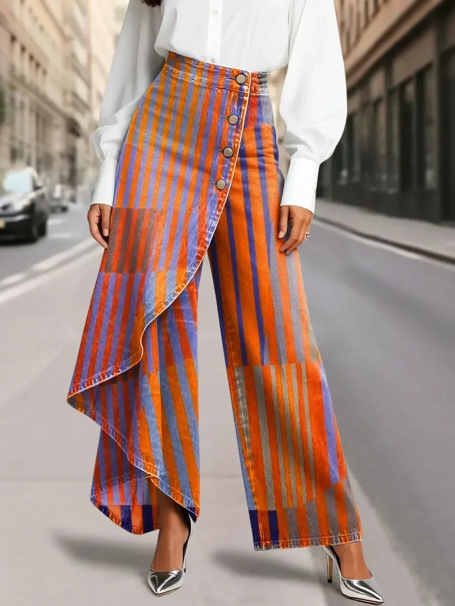 QUEENWAY | Women's Vintage Flower Patterns Print High-waisted Relaxed Fit Wide-leg Jeans With A Stylish Design