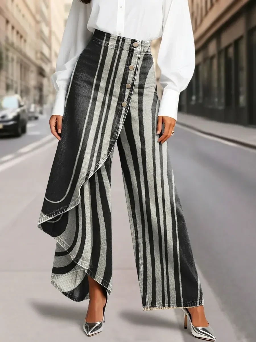 QUEENWAY | Women's Vintage Flower Patterns Print High-waisted Relaxed Fit Wide-leg Jeans With A Stylish Design