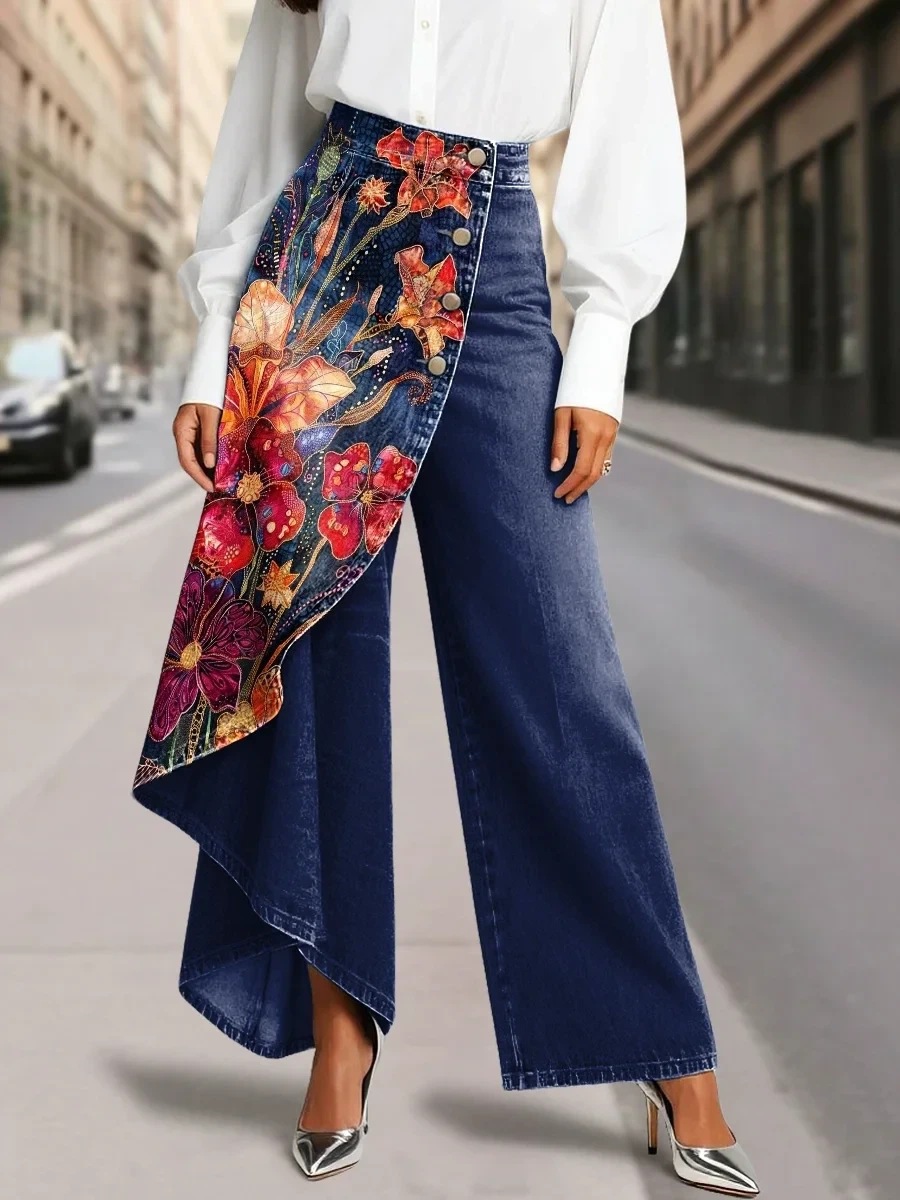 QUEENWAY | Women's Vintage Flower Patterns Print High-waisted Relaxed Fit Wide-leg Jeans With A Stylish Design
