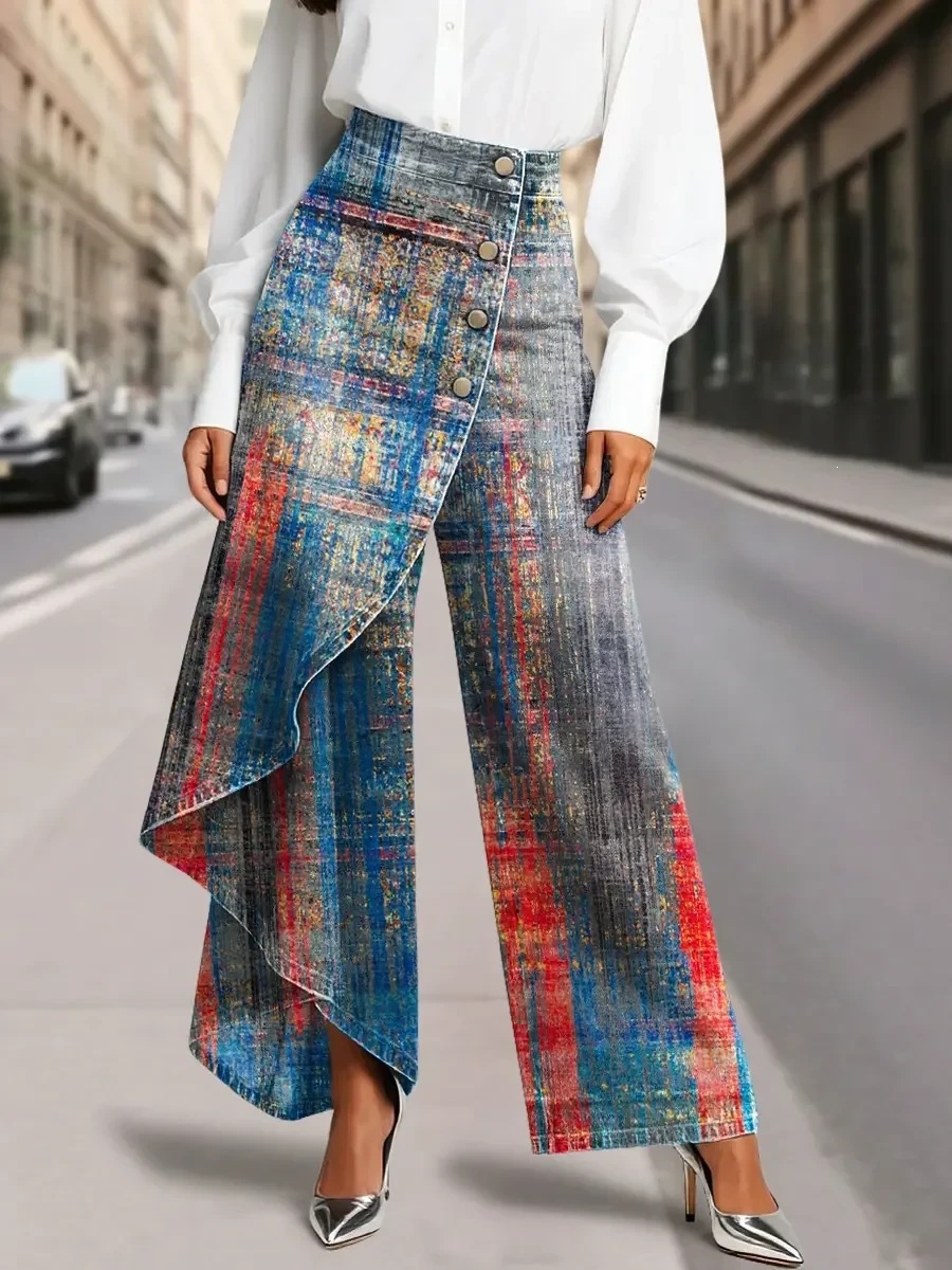QUEENWAY | Women's Vintage Flower Patterns Print High-waisted Relaxed Fit Wide-leg Jeans With A Stylish Design