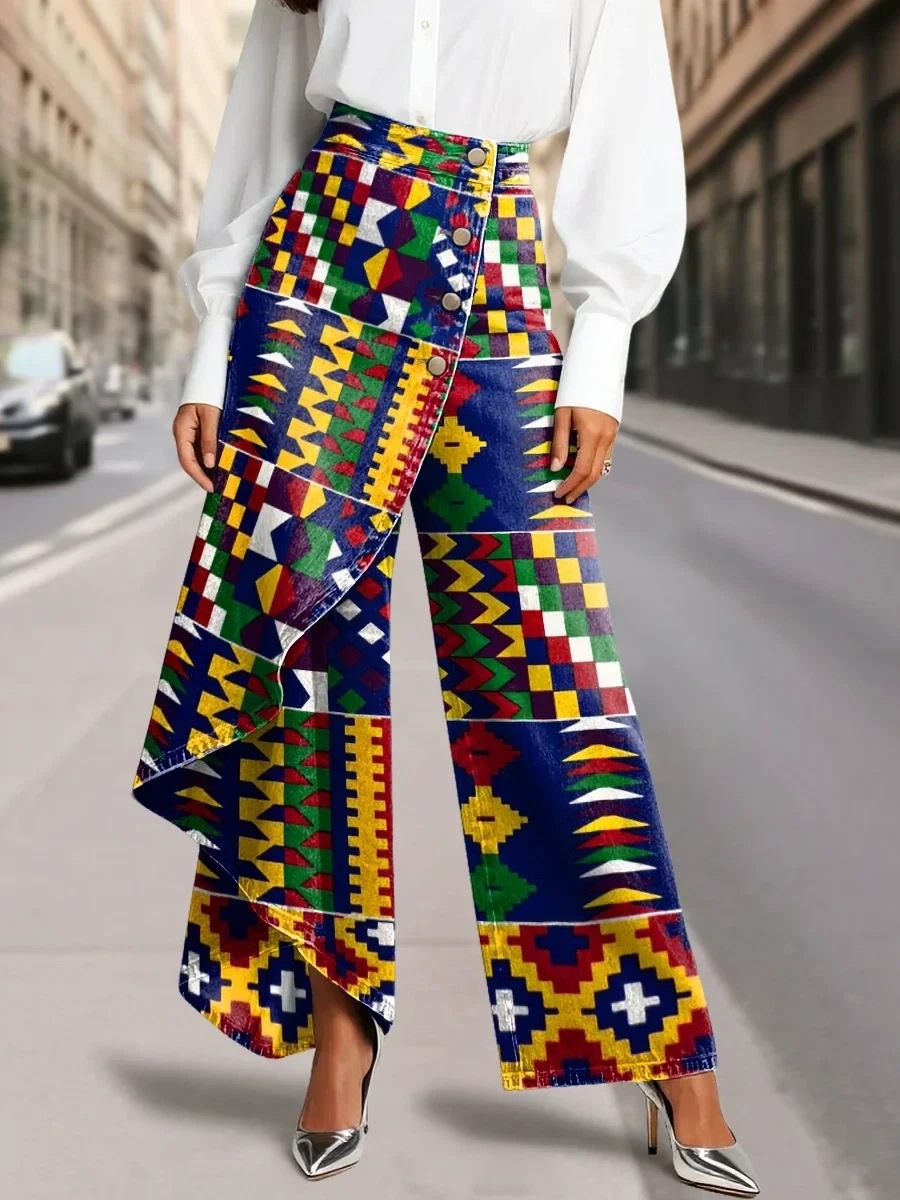 QUEENWAY | Women's Vintage Flower Patterns Print High-waisted Relaxed Fit Wide-leg Jeans With A Stylish Design