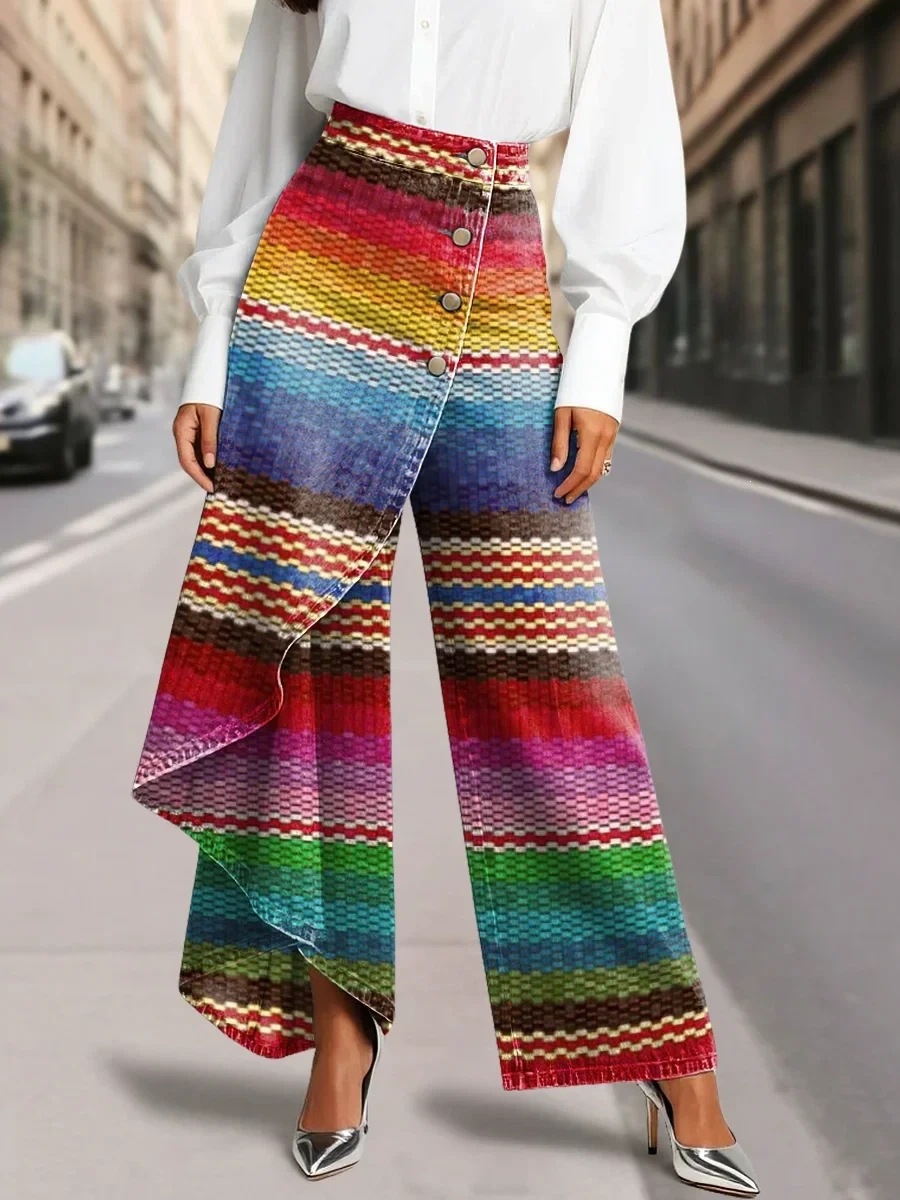 QUEENWAY | Women's Vintage Flower Patterns Print High-waisted Relaxed Fit Wide-leg Jeans With A Stylish Design