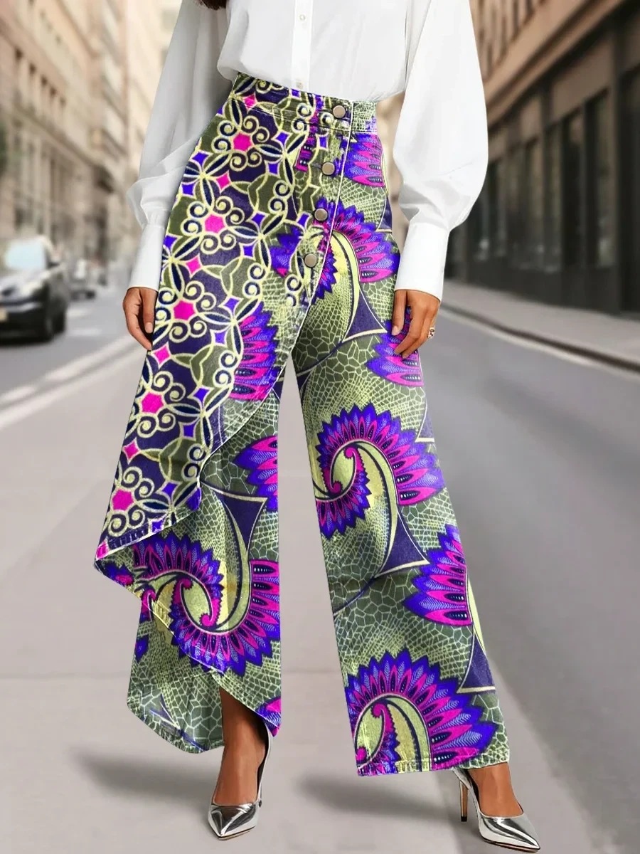 QUEENWAY | Women's Vintage Flower Patterns Print High-waisted Relaxed Fit Wide-leg Jeans With A Stylish Design
