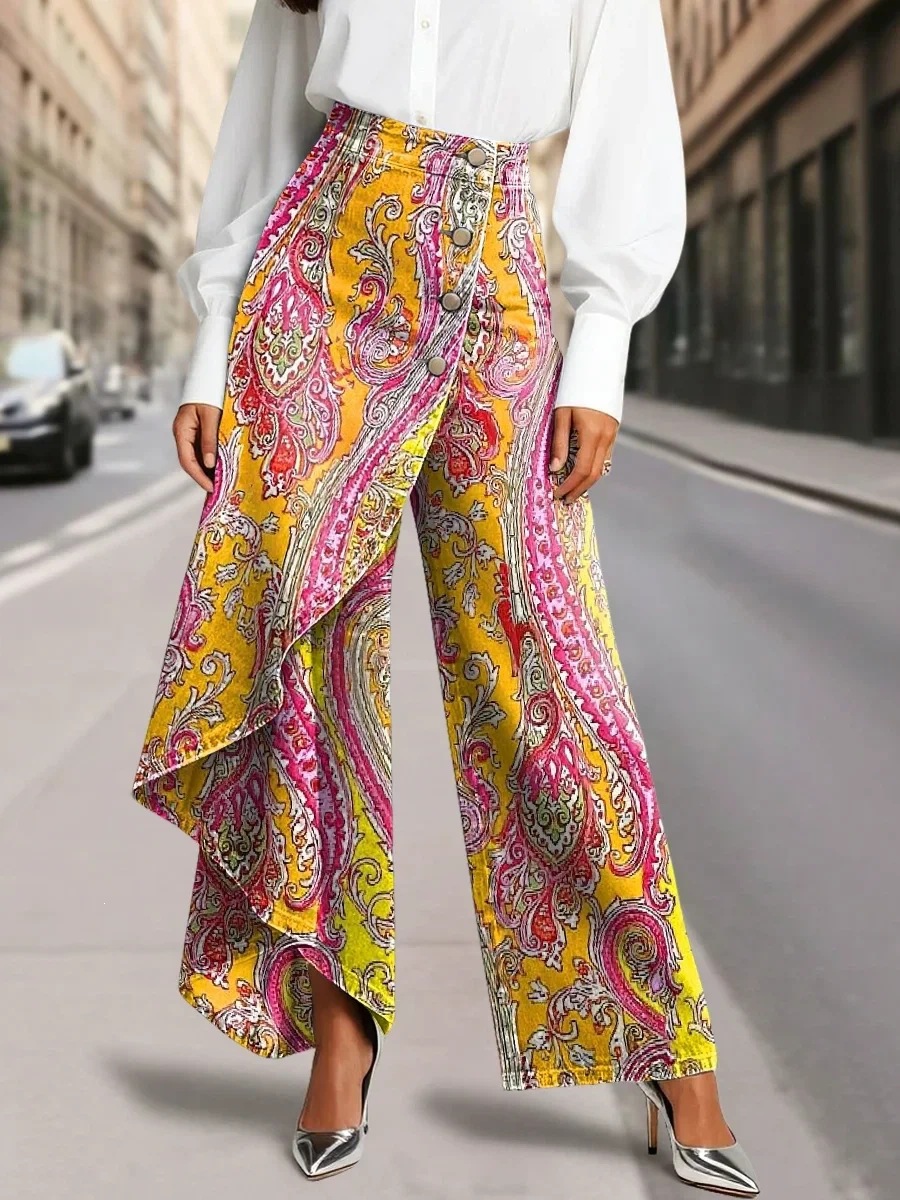 QUEENWAY | Women's Vintage Flower Patterns Print High-waisted Relaxed Fit Wide-leg Jeans With A Stylish Design