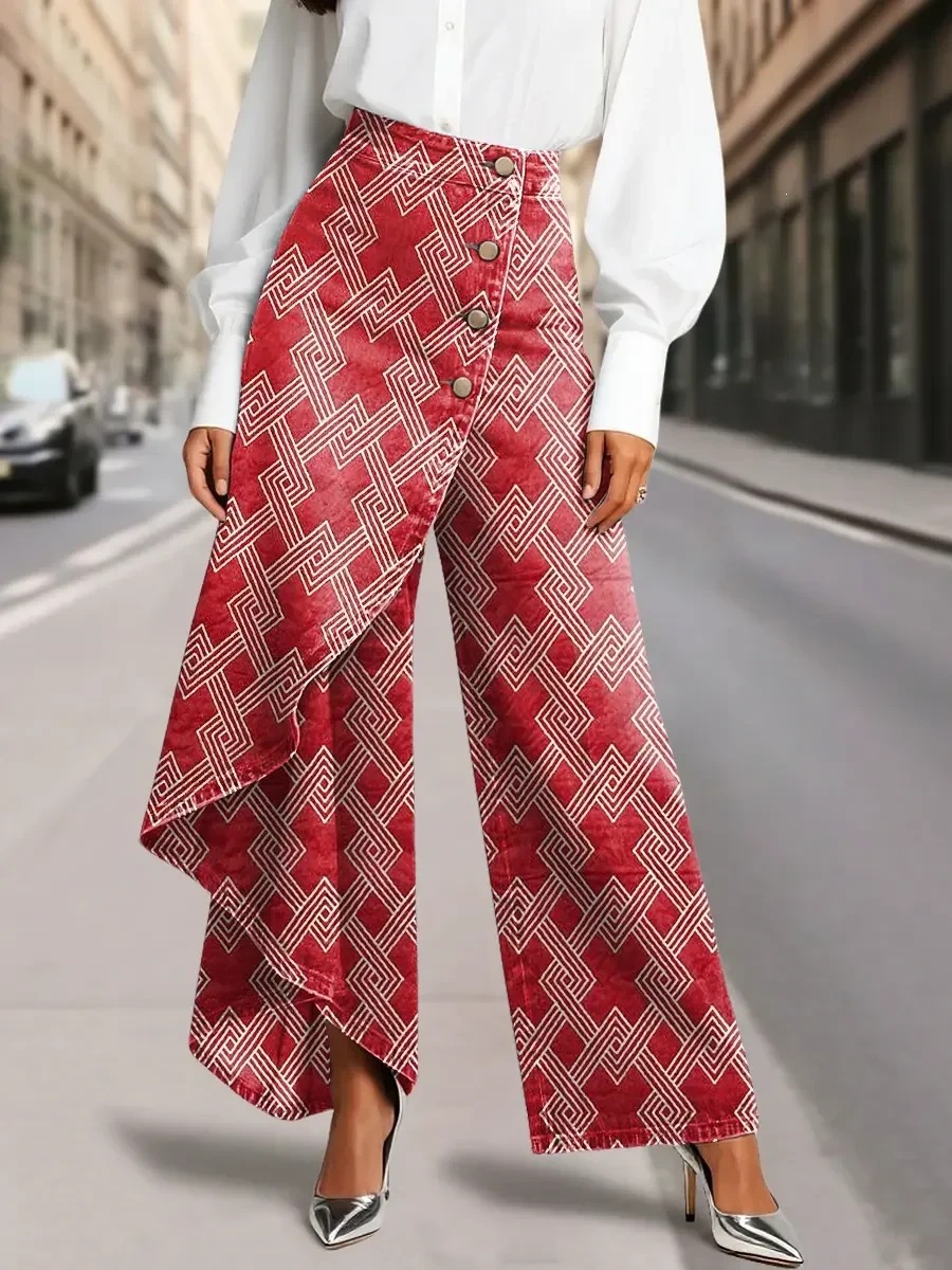 QUEENWAY | Women's Vintage Flower Patterns Print High-waisted Relaxed Fit Wide-leg Jeans With A Stylish Design