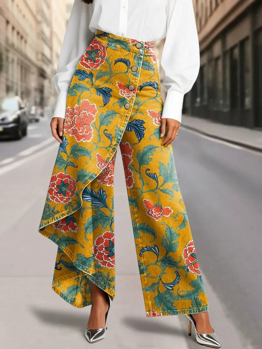 QUEENWAY | Women's Vintage Flower Patterns Print High-waisted Relaxed Fit Wide-leg Jeans With A Stylish Design