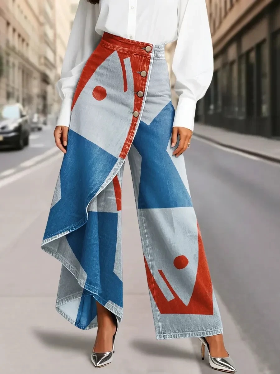 QUEENWAY | Women's Vintage Flower Patterns Print High-waisted Relaxed Fit Wide-leg Jeans With A Stylish Design