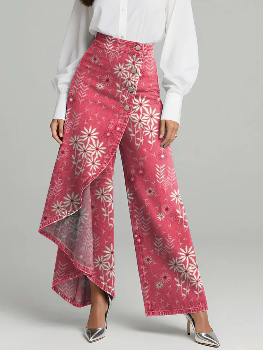 QUEENWAY | Women's Vintage Flower Patterns Print High-waisted Relaxed Fit Wide-leg Jeans With A Stylish Design