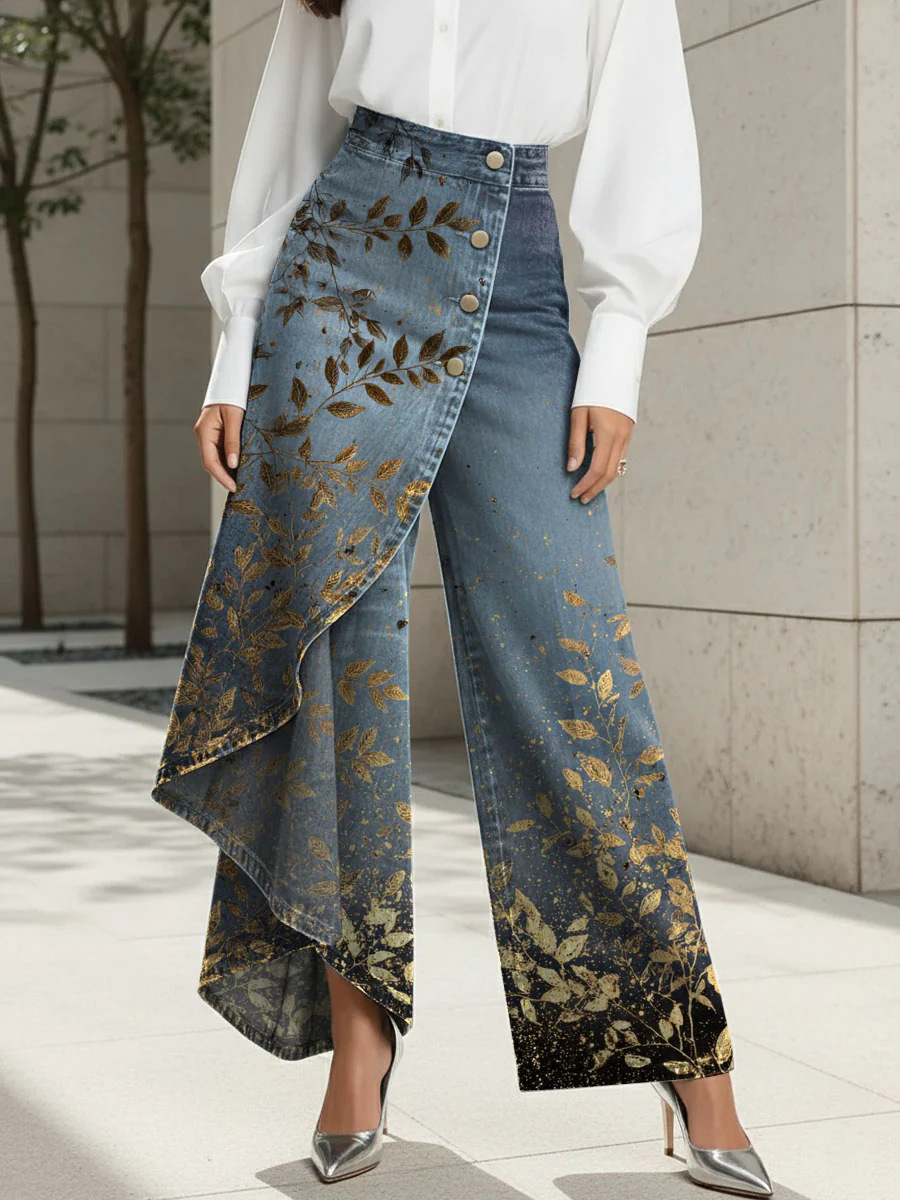 QUEENWAY | Women's Vintage Flower Patterns Print High-waisted Relaxed Fit Wide-leg Jeans With A Stylish Design