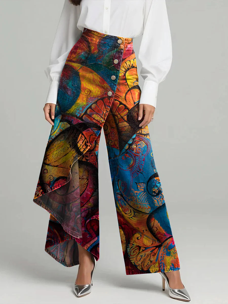 QUEENWAY | Women's Vintage Flower Patterns Print High-waisted Relaxed Fit Wide-leg Jeans With A Stylish Design