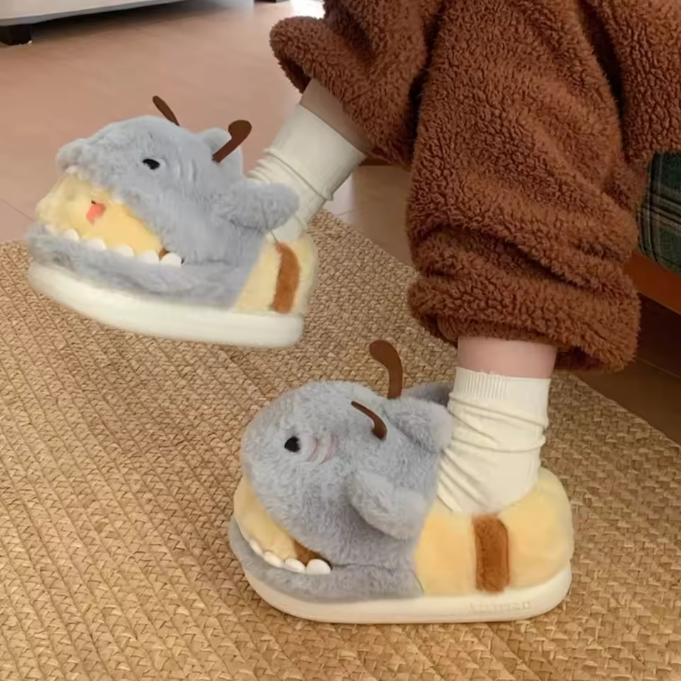 Cute Shark and Bee Couple Plush Cotton Slippers