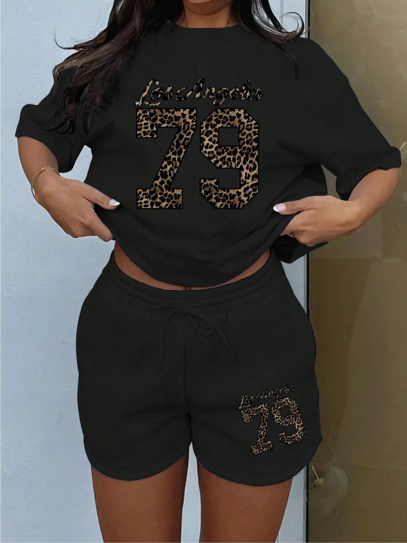 Women's Letter Print Tee & Drawstring Waist Shorts Set