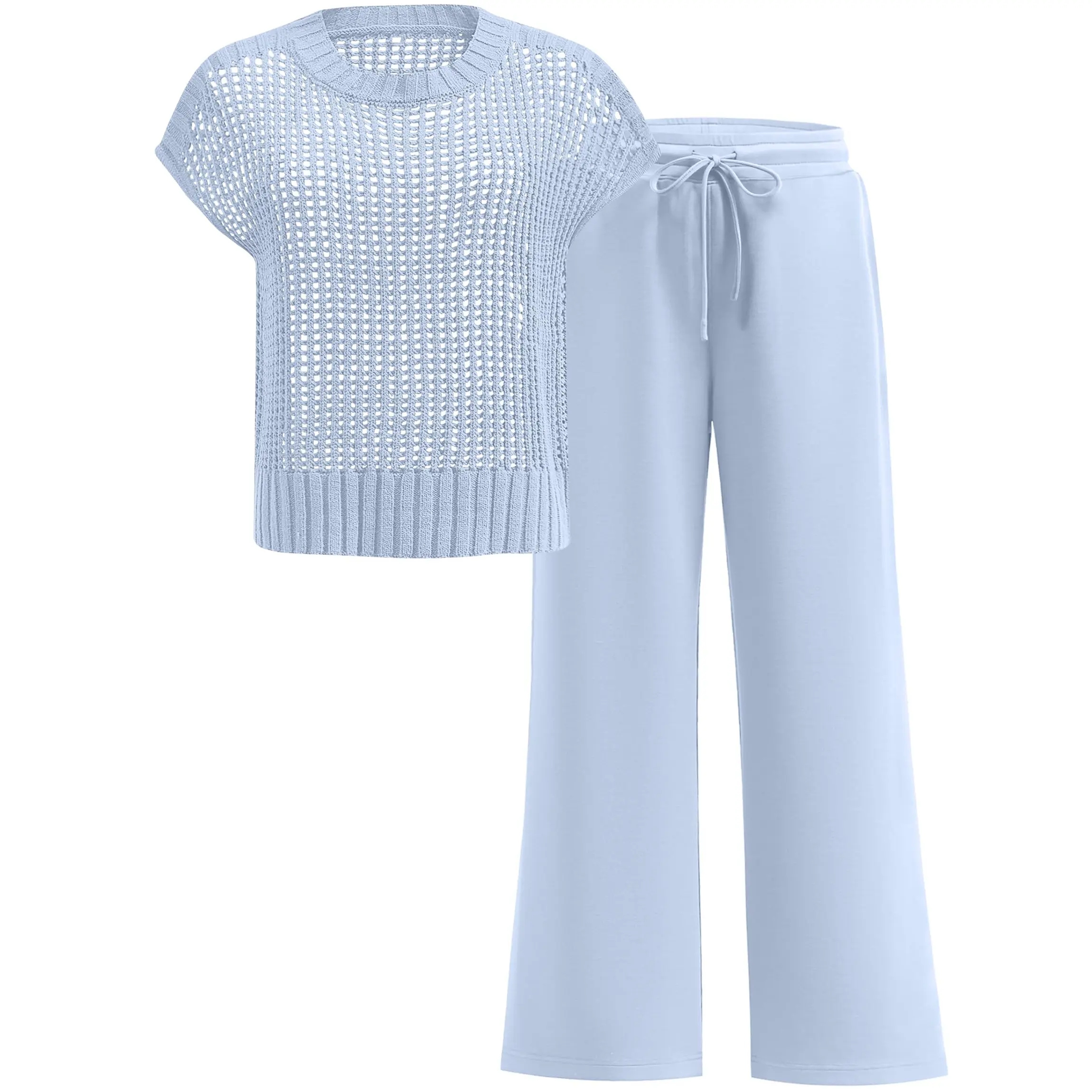 Women's Summer 2-Piece Crochet Sheer Knit Round Neck Shortsleeve Sweater Top & Wide Leg Pants Matching Clothes Set (2026)