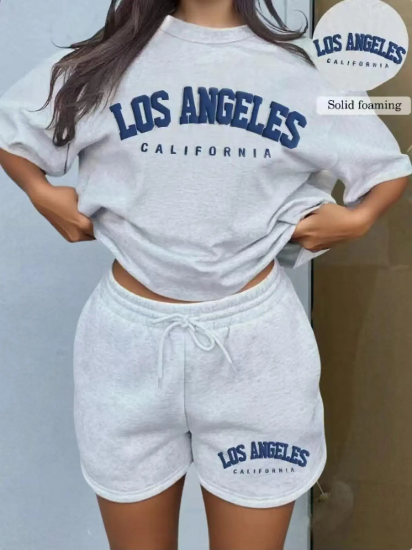 Women's Letter Print Tee & Drawstring Waist Shorts Set