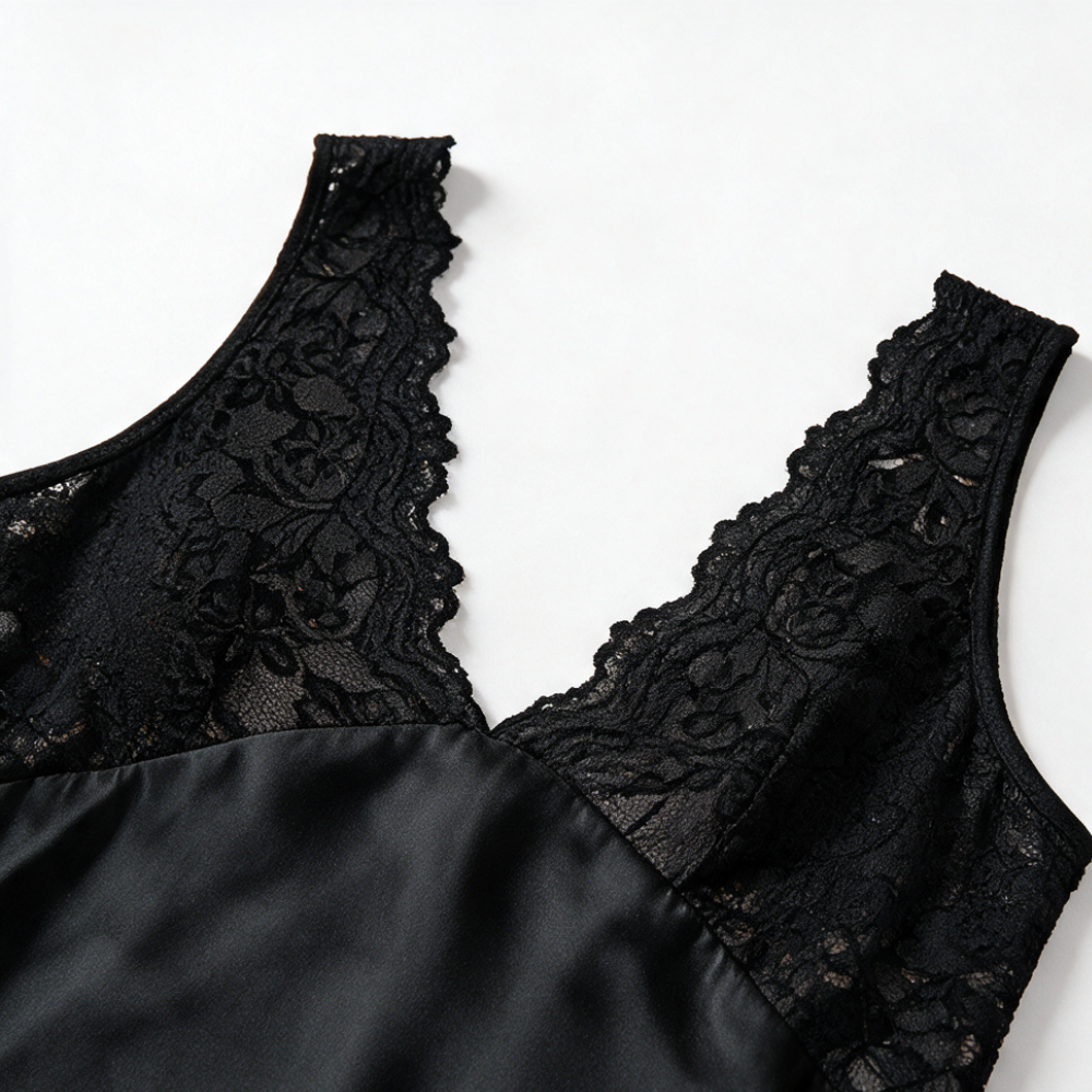 Lace-Bodice Bias-Cut Satin Slip Nightgown