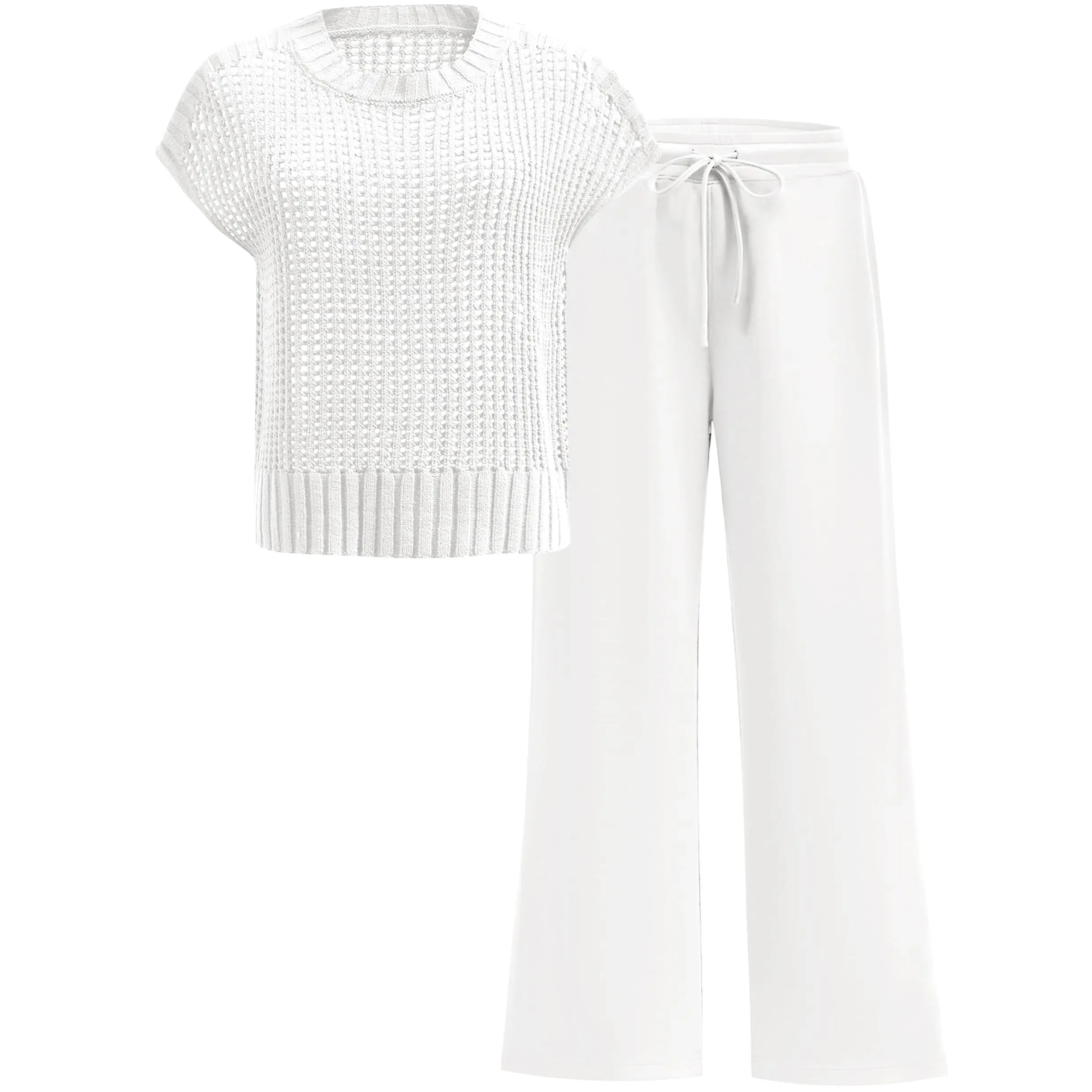 Women's Summer 2-Piece Crochet Sheer Knit Round Neck Shortsleeve Sweater Top & Wide Leg Pants Matching Clothes Set (2026)