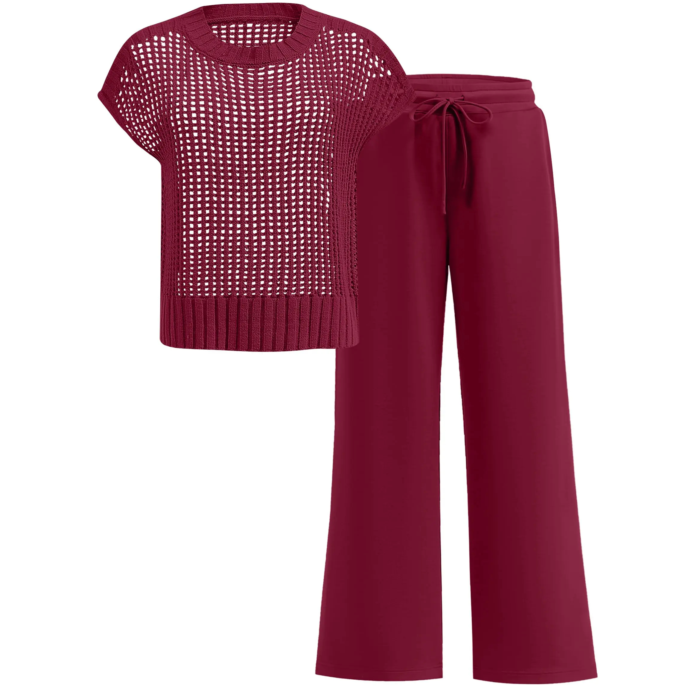 Women's Summer 2-Piece Crochet Sheer Knit Round Neck Shortsleeve Sweater Top & Wide Leg Pants Matching Clothes Set (2026)
