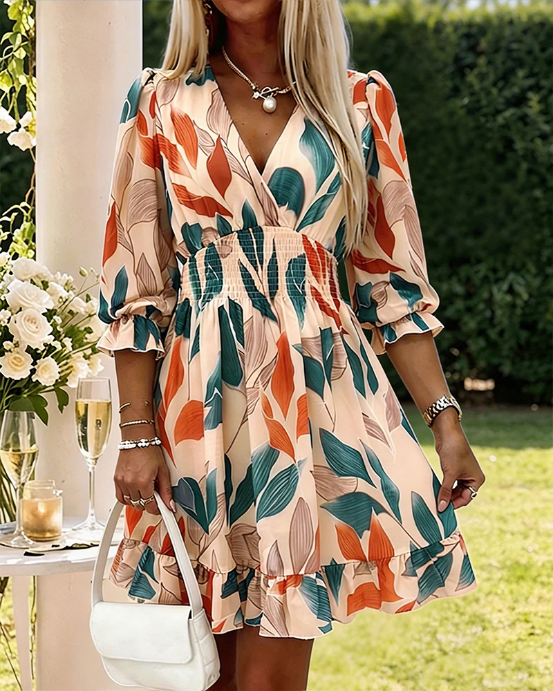 2026 Women's Oil Painting Floral Chiffon Dress V Neck Three Quarters Sleeve Shirred High Waist Ruffle Hem A Line Dress