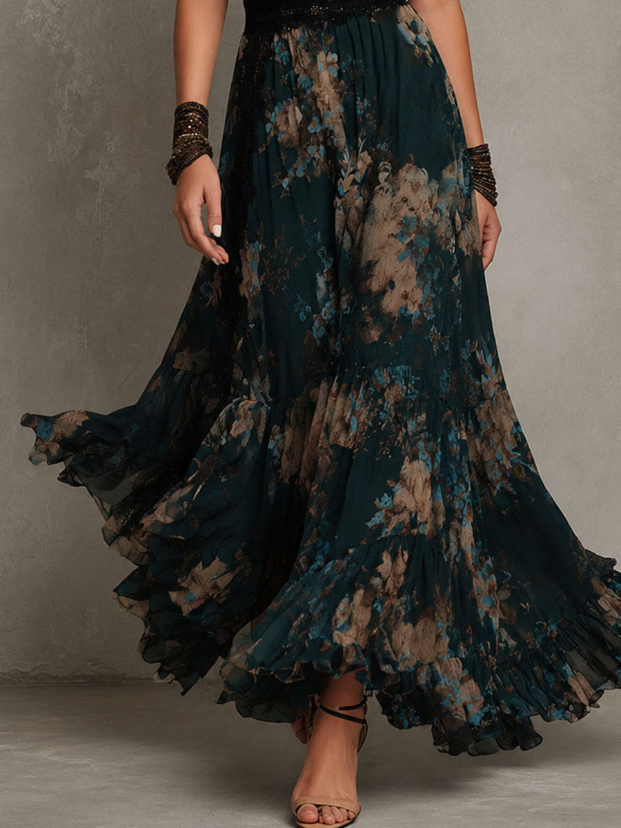 QUEENWAY | Floral Print Maxi Dress with Lace Trim