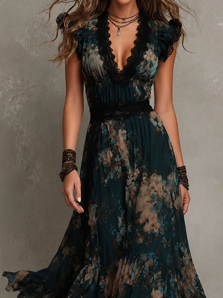 QUEENWAY | Floral Print Maxi Dress with Lace Trim