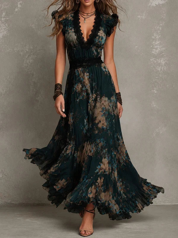 QUEENWAY | Floral Print Maxi Dress with Lace Trim