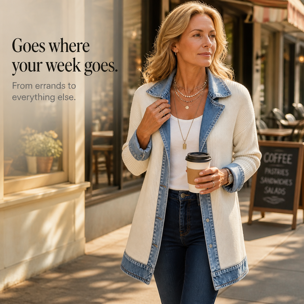QUEENWAY | Ribbed Knit Coat With Denim Panels