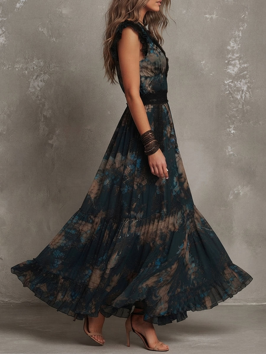 QUEENWAY | Floral Print Maxi Dress with Lace Trim