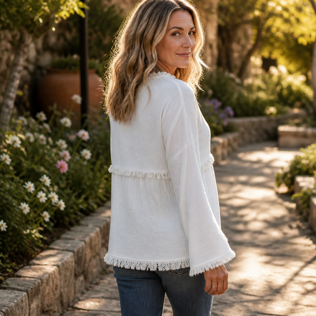 Fringe Trim V-Neck Long Sleeve Top