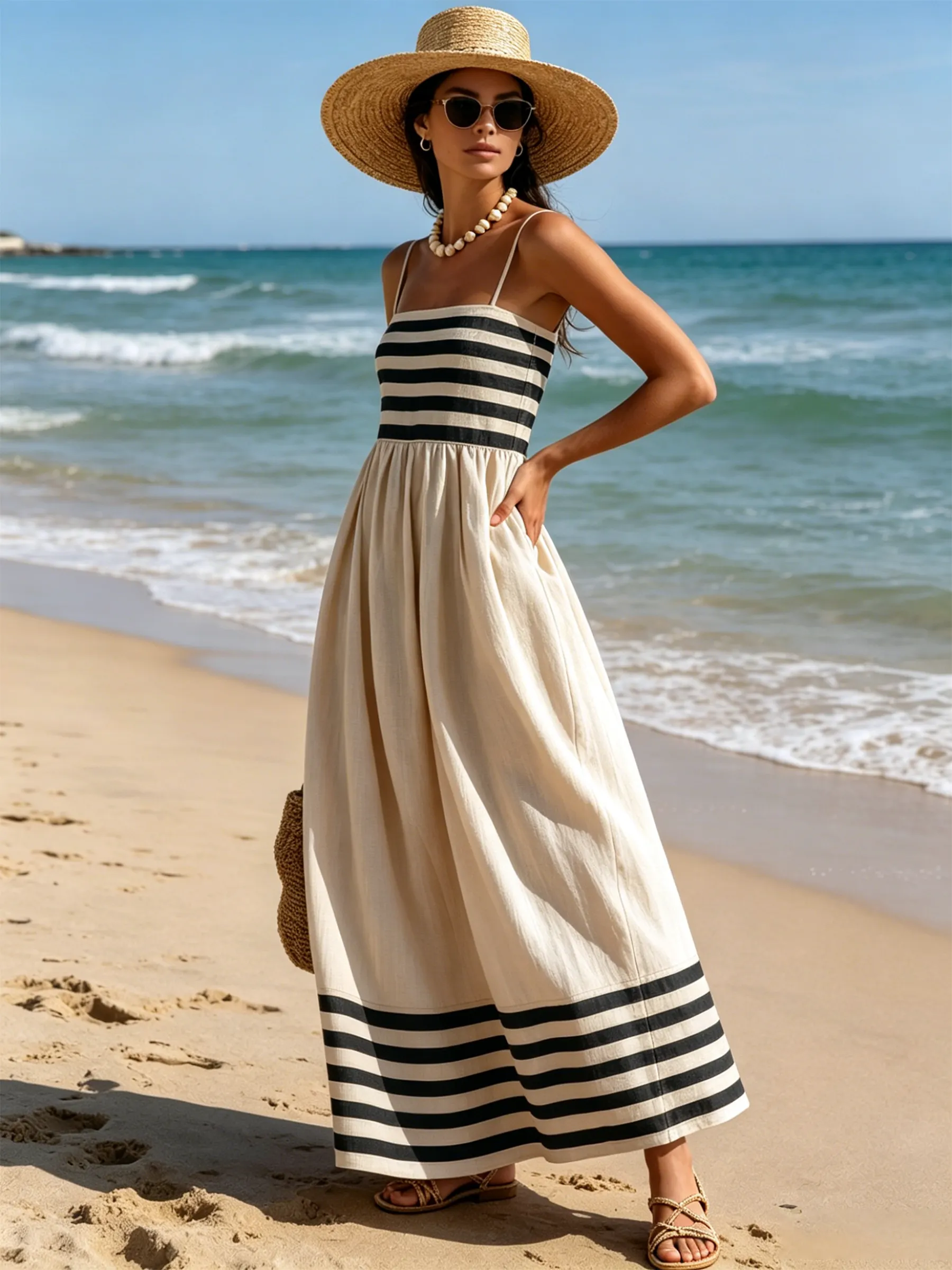 QUEENWAY | Black And Beige Stripe Spaghetti Strap Maxi Dress