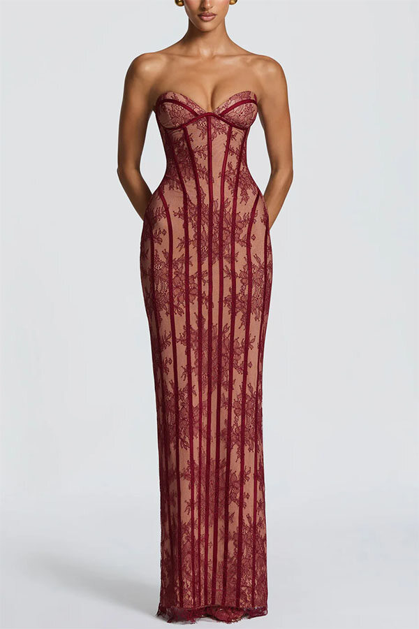 Floral Lace Contrast Structural Detail Back Lace-up Strapless Slit Maxi Dress