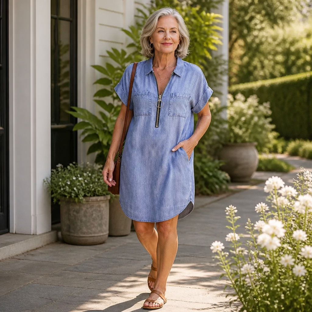 Adjustable Zip-Front Denim Shift Dress